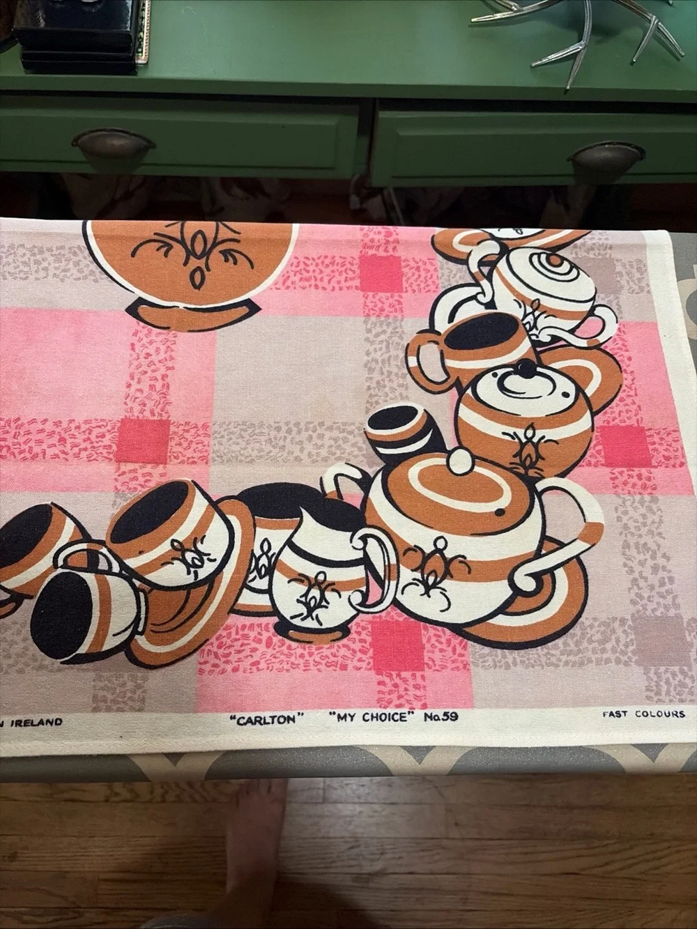 Vintage Pink, Cream and Brown Tea Towel with Teapot and Cup Motif